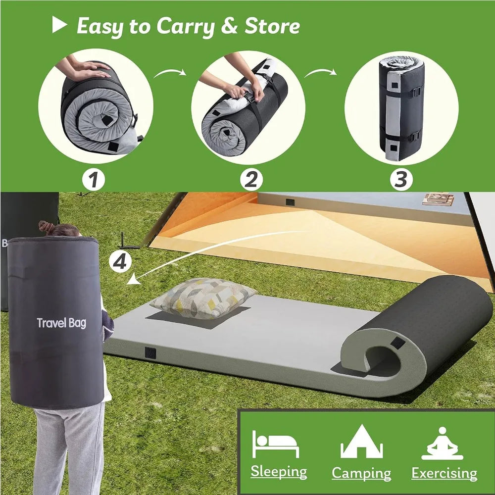 Memory Foam Camping Mattress 2.5 inch, Single Portable Roll Up Camping Sleep Topper with Waterproof and Non-Slip Bottom, Camping