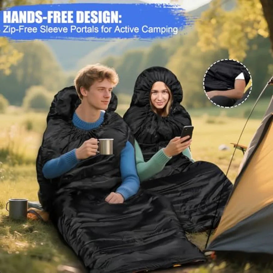 Adjustable Height Sleeping Bag for Adults Wearable 3Season Lightweight Waterproof with Arm Ports Windproof Hood Design for Camp