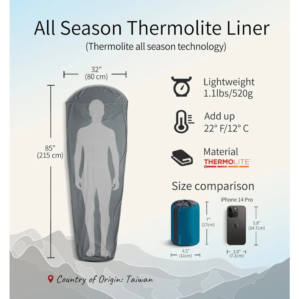 Thermolite All Season Sleeping Bag Liner Add Up to 22°F / 12°C, Mummy Sleeping Sack for Backpacking, Camping, Traveling, for Col