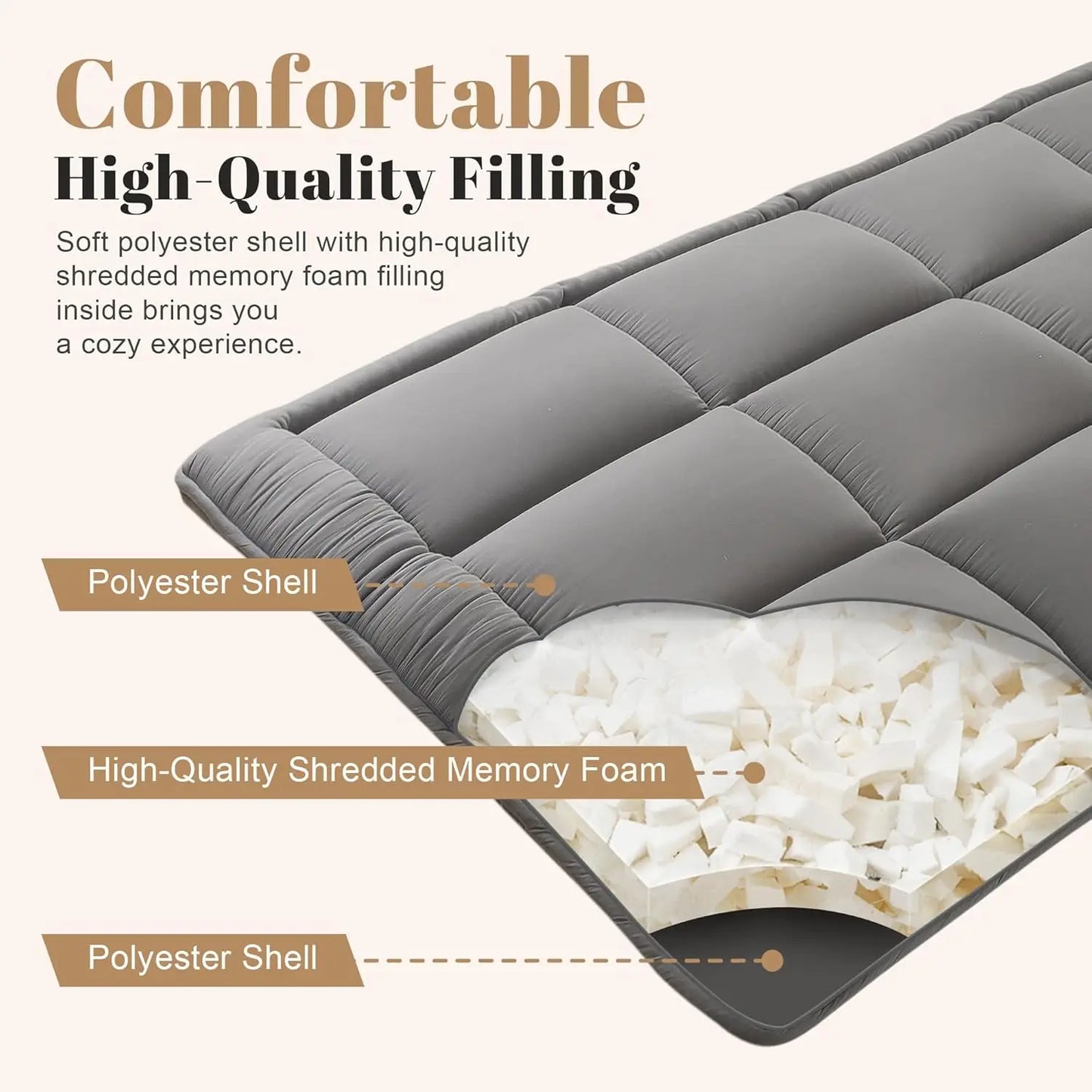 Japanese Floor Mattress Futon Mattress 3" Grey Tatami Mat Shredded Memory Foam Filled Sleeping Pad, Foldable & Portable