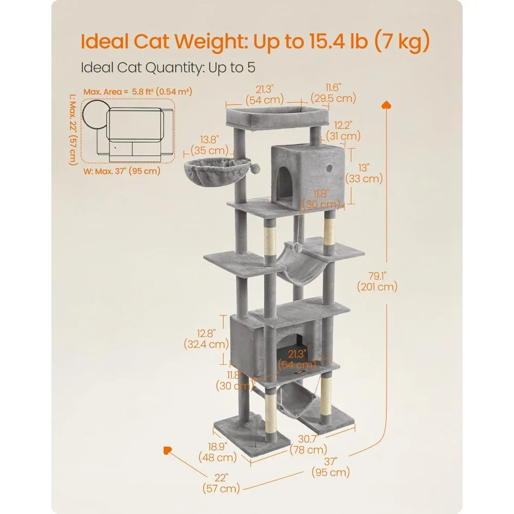 Cat Tree, 79.1 Inch Tall Cat Tower for Indoor Cats, Multi-Level Large Cat Condo with 4 Scratching Posts, 2 Hammocks