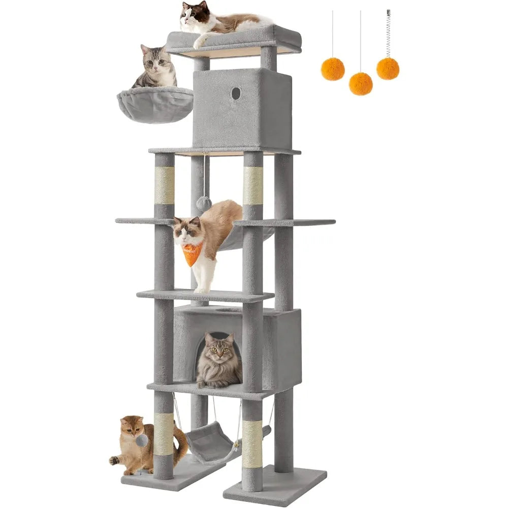 Cat Tree, 79.1 Inch Tall Cat Tower for Indoor Cats, Multi-Level Large Cat Condo with 4 Scratching Posts, 2 Hammocks