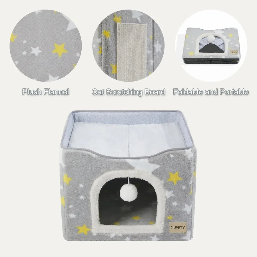 Cat Bed for 2 CatsCat Houses for Indoor Cats with Scratch Pad and Cat Ball Toy Large Cat Cave Cube for Hideaway Foldable Cat Co