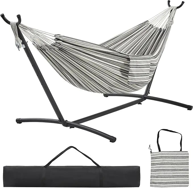 Yaheetech Double Hammock w/Stand, 2-People Hammock & Stand Set w/Storage Bag & Carrying Bag, Outdoor/Indoor Heavy-Duty Portable