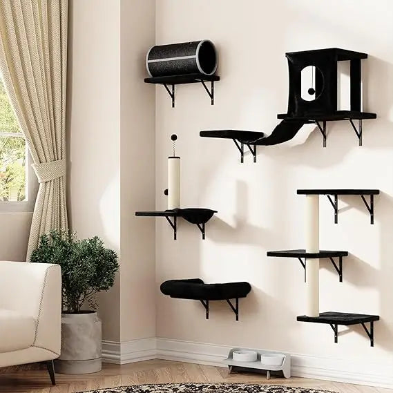 NUNU LAB 7-in-1 Wall Mounted Cat Climber Set, Cat Furniture with House, Tunnel, Bridge, Steps, Scratcher, Hammock, Shelves for I