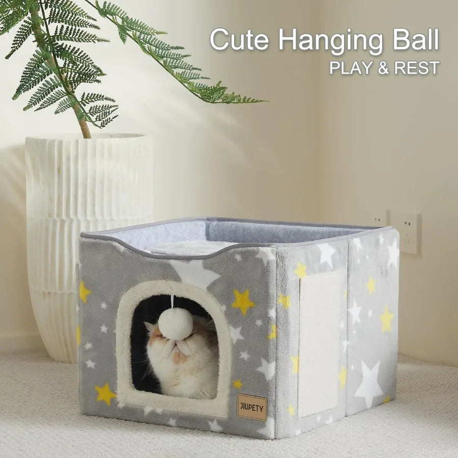 Cat Bed for 2 CatsCat Houses for Indoor Cats with Scratch Pad and Cat Ball Toy Large Cat Cave Cube for Hideaway Foldable Cat Co
