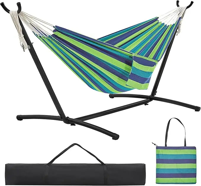 Yaheetech Double Hammock w/Stand, 2-People Hammock & Stand Set w/Storage Bag & Carrying Bag, Outdoor/Indoor Heavy-Duty Portable