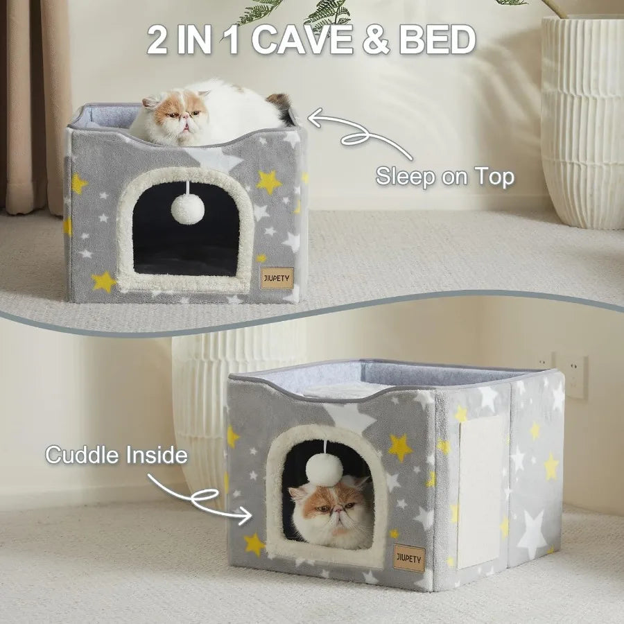 Cat Bed for 2 CatsCat Houses for Indoor Cats with Scratch Pad and Cat Ball Toy Large Cat Cave Cube for Hideaway Foldable Cat Co