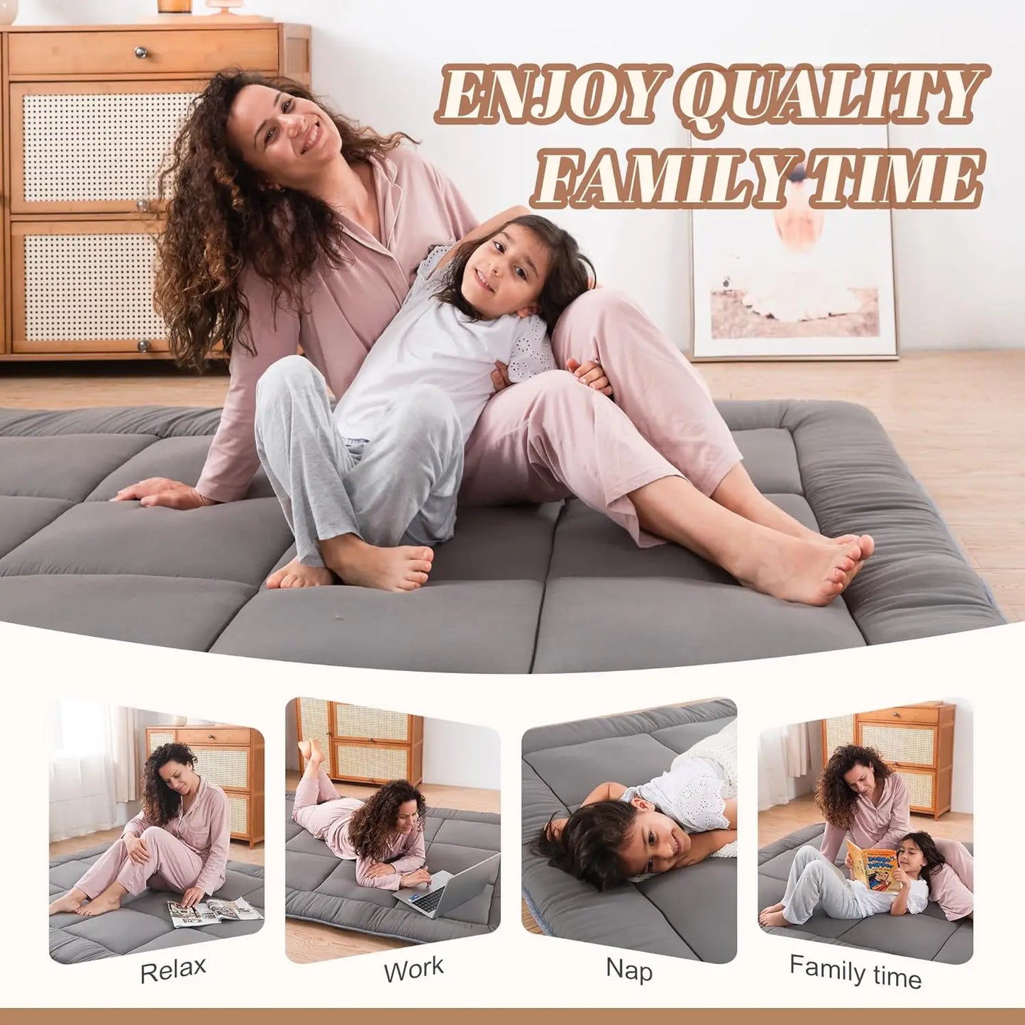 Japanese Floor Mattress Futon Mattress 3" Grey Tatami Mat Shredded Memory Foam Filled Sleeping Pad, Foldable & Portable