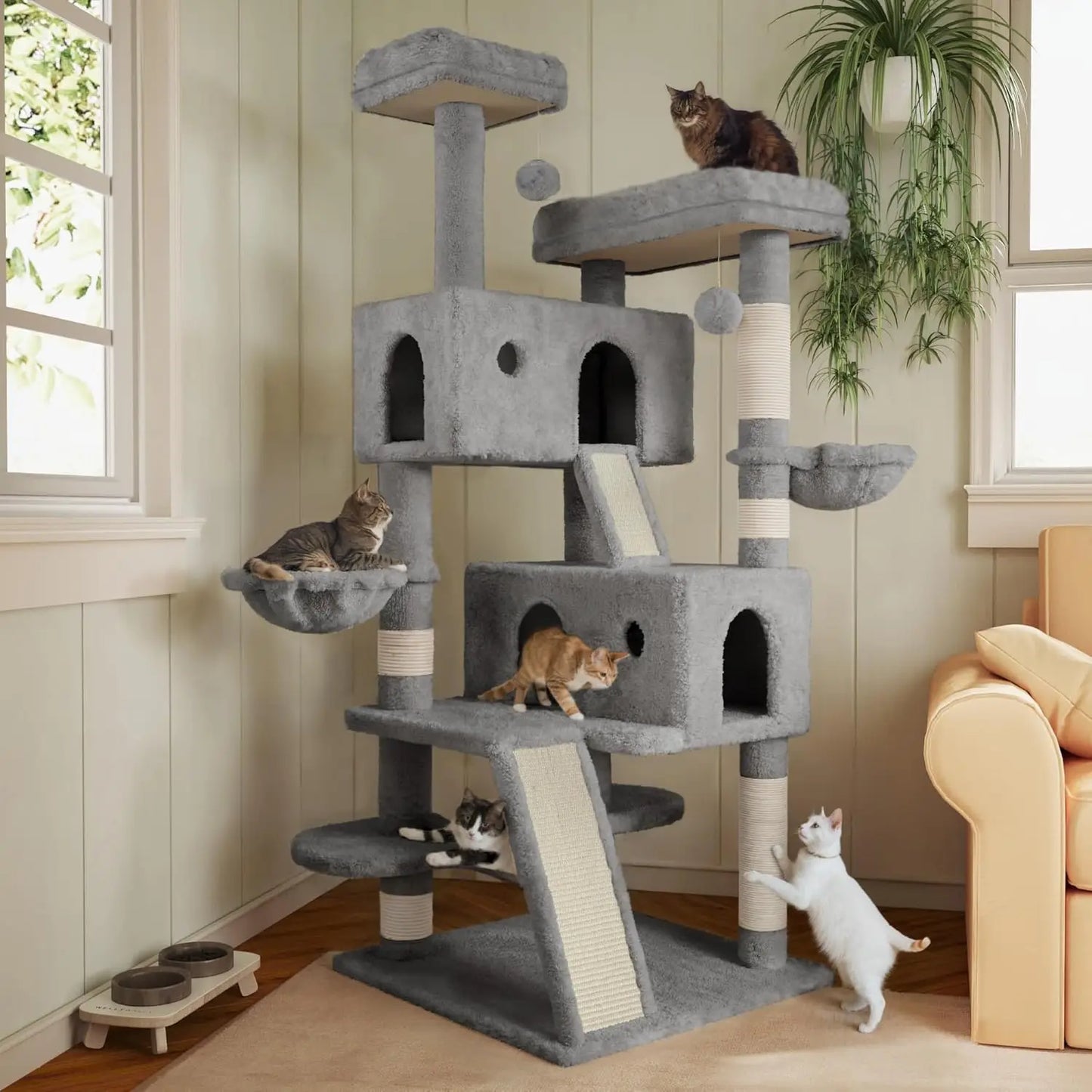 66 Inches Multi-Level Large Cat Tree Tower for Indoor Big Feline/Cozy Plush Perches/Condo/Sisal Scratching Posts/Hammock