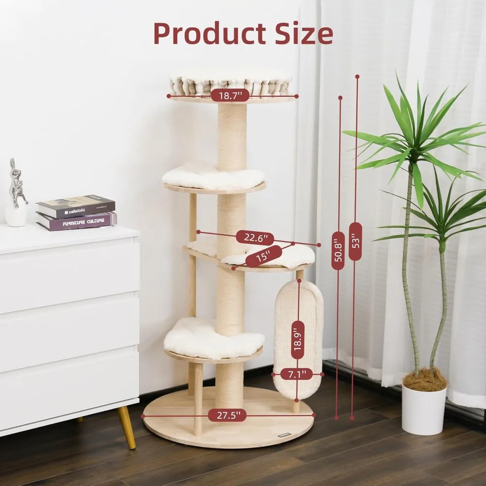 Tall Modern Cat Tree, 53'' Cat Tower, Cat Tree for Indoor Cats Large Adult, Multi-Level Scratching Post with 3 Imitation