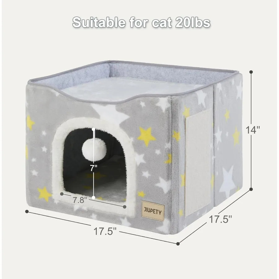 Cat Bed for 2 CatsCat Houses for Indoor Cats with Scratch Pad and Cat Ball Toy Large Cat Cave Cube for Hideaway Foldable Cat Co
