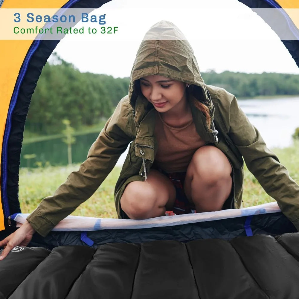 Sleeping Bag - Lightweight Envelope-Style 32F Rated Outdoor Sleeping Bag with Hood and Carry Case for Backpacking, Camping and H