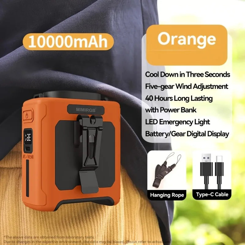 10000mahPortable Waist Fan Clips Waist Belt Personal Fan Battery Operated 5 Speeds Hands Free 40H Cooling Outdoor Camping Travel