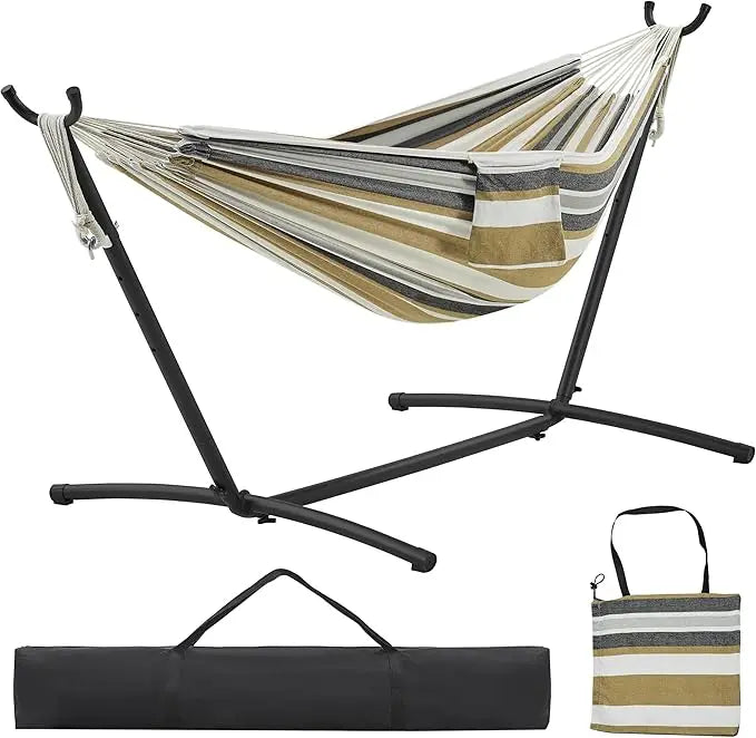 Yaheetech Double Hammock w/Stand, 2-People Hammock & Stand Set w/Storage Bag & Carrying Bag, Outdoor/Indoor Heavy-Duty Portable