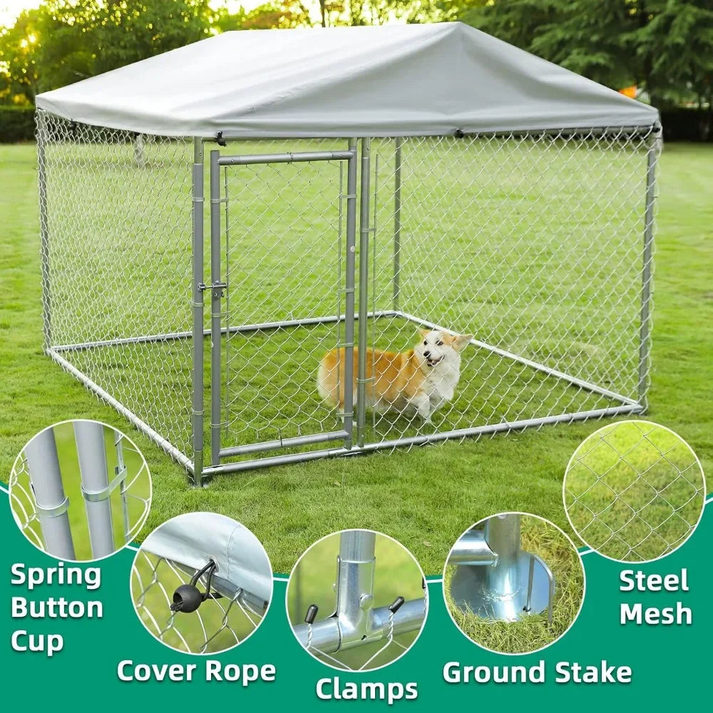 Large Outdoor Dog Kennel, Heavy Duty Pet Fence Cage with Galvanized Chain Link, Outside Dog Run House Pet Enclosure