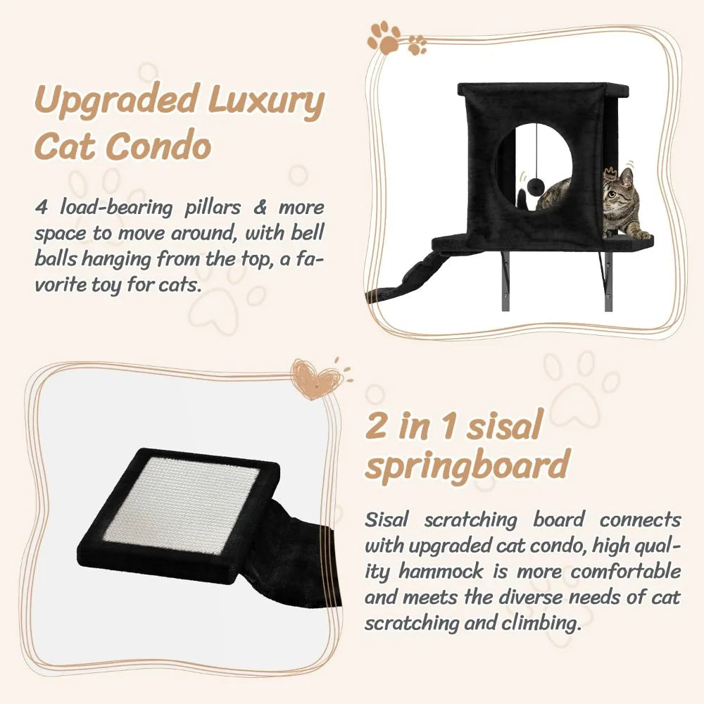 NUNU LAB 7-in-1 Wall Mounted Cat Climber Set, Cat Furniture with House, Tunnel, Bridge, Steps, Scratcher, Hammock, Shelves for I