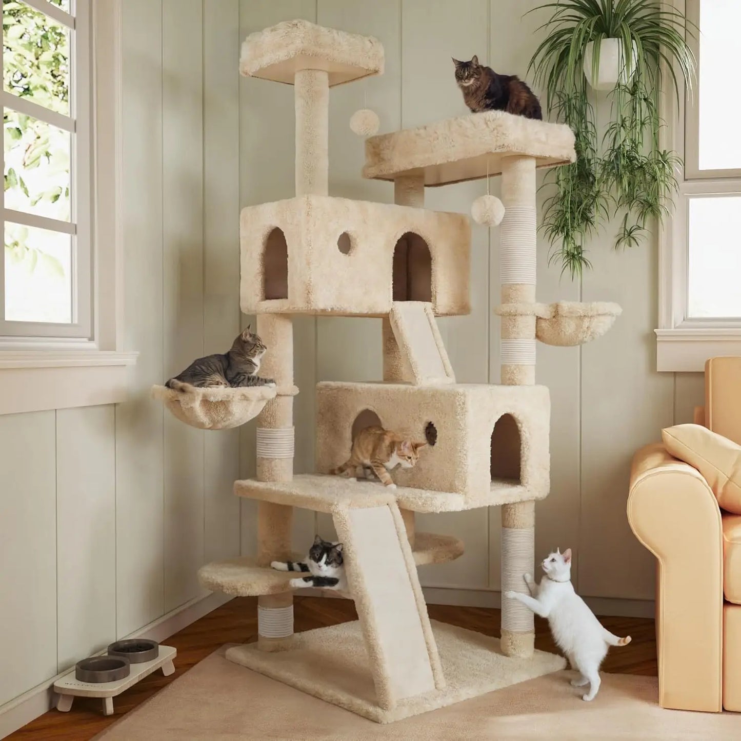 66 Inches Multi-Level Large Cat Tree Tower for Indoor Big Feline/Cozy Plush Perches/Condo/Sisal Scratching Posts/Hammock