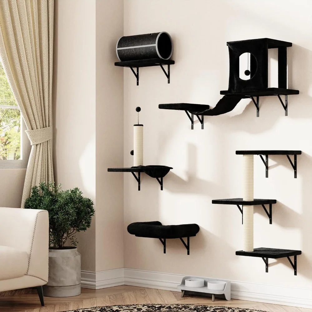 NUNU LAB 7-in-1 Wall Mounted Cat Climber Set, Cat Furniture with House, Tunnel, Bridge, Steps, Scratcher, Hammock, Shelves for I