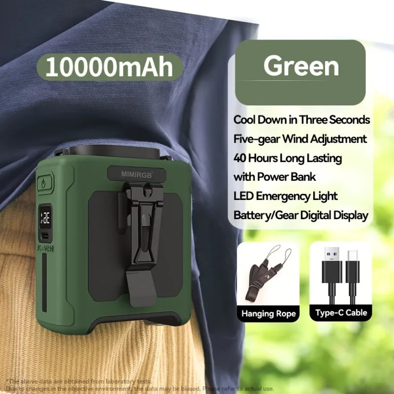 10000mahPortable Waist Fan Clips Waist Belt Personal Fan Battery Operated 5 Speeds Hands Free 40H Cooling Outdoor Camping Travel