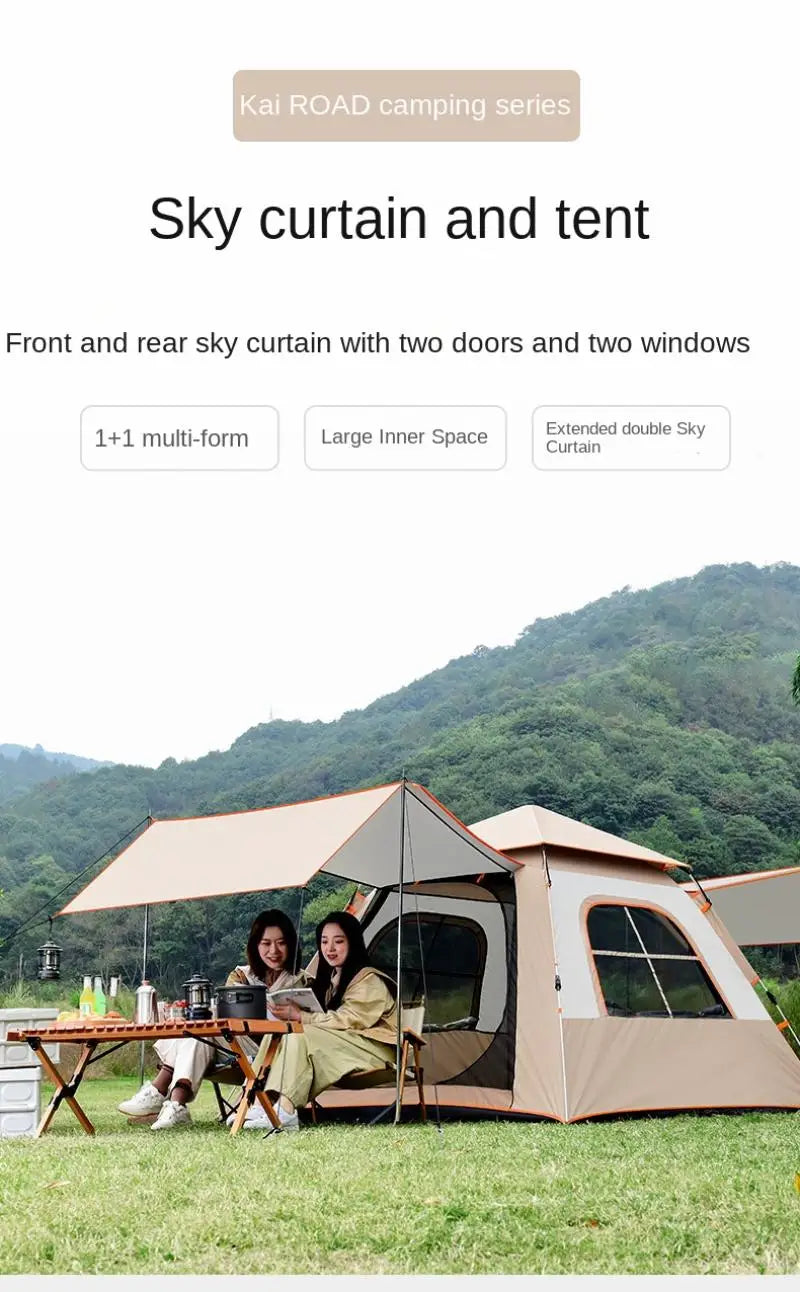 Double-layer Waterproof Anti-UV Shade Beach Camping Portable Automatic Pole With Two Doors Two Windows With Canopy Travel Tent