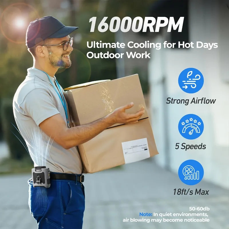 10000mahPortable Waist Fan Clips Waist Belt Personal Fan Battery Operated 5 Speeds Hands Free 40H Cooling Outdoor Camping Travel