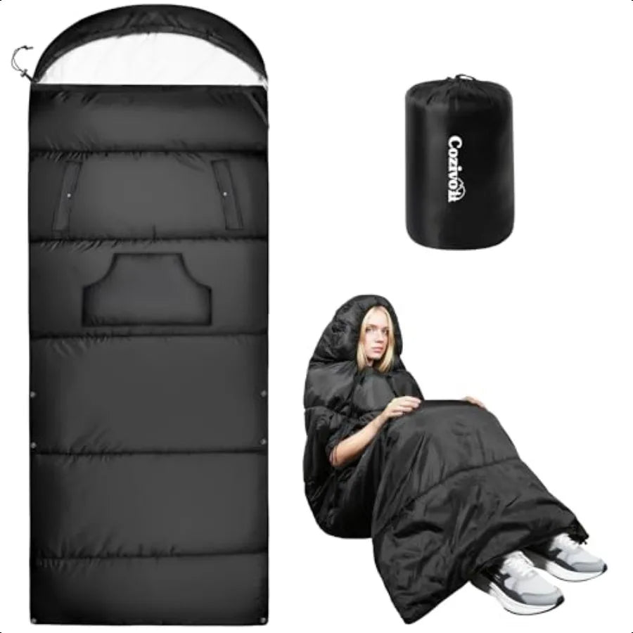 Adjustable Height Sleeping Bag for Adults Wearable 3Season Lightweight Waterproof with Arm Ports Windproof Hood Design for Camp