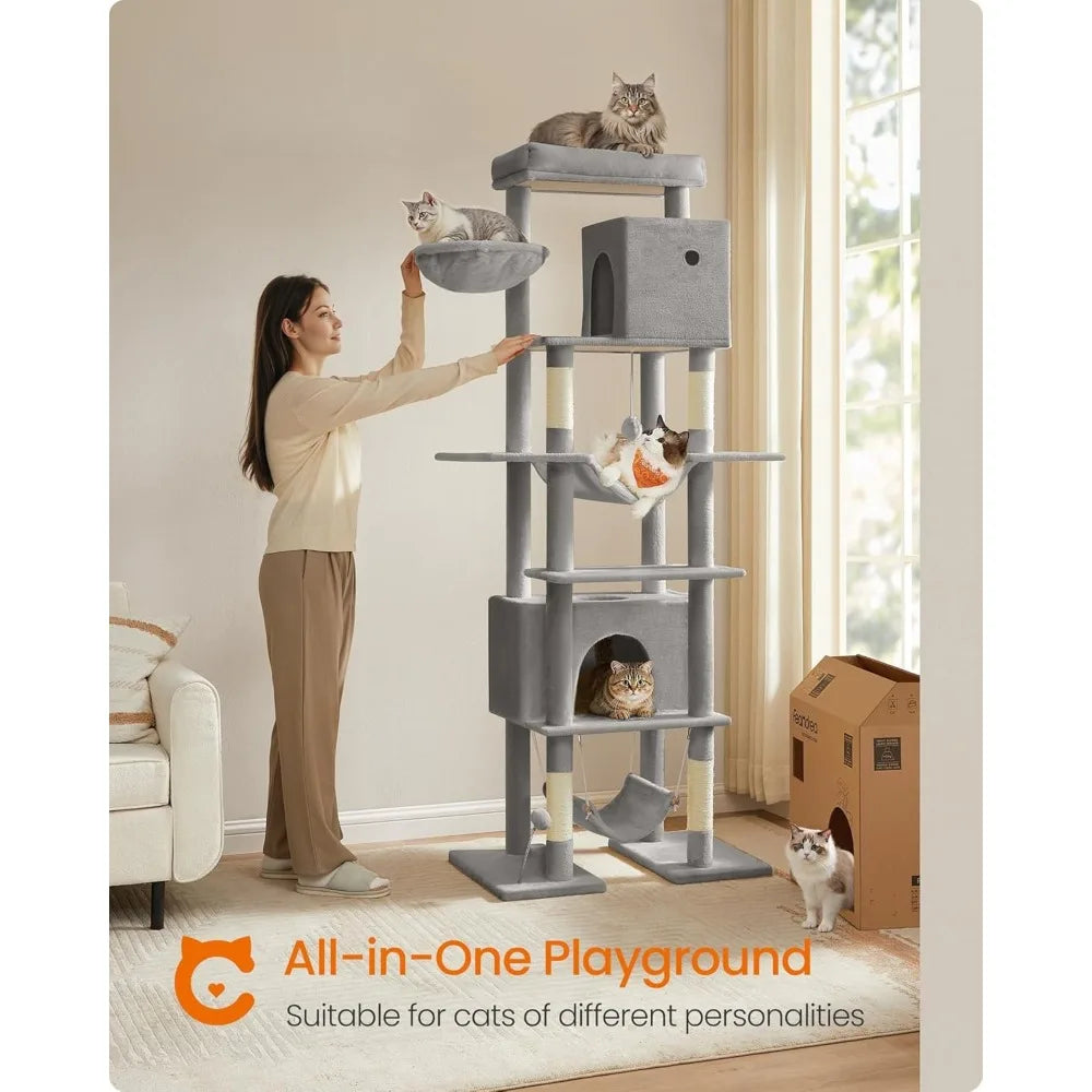 Cat Tree, 79.1 Inch Tall Cat Tower for Indoor Cats, Multi-Level Large Cat Condo with 4 Scratching Posts, 2 Hammocks