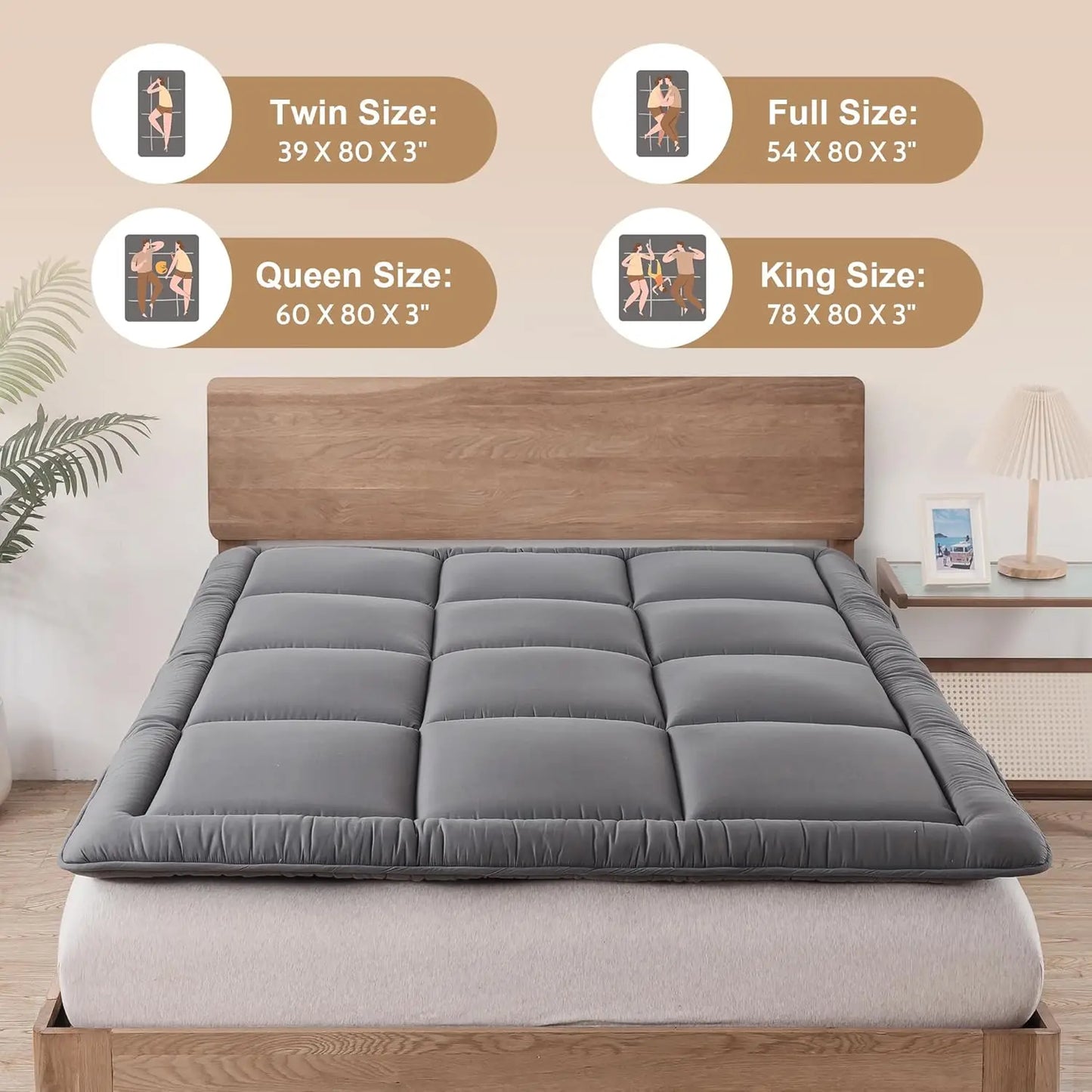 Japanese Floor Mattress Futon Mattress 3" Grey Tatami Mat Shredded Memory Foam Filled Sleeping Pad, Foldable & Portable
