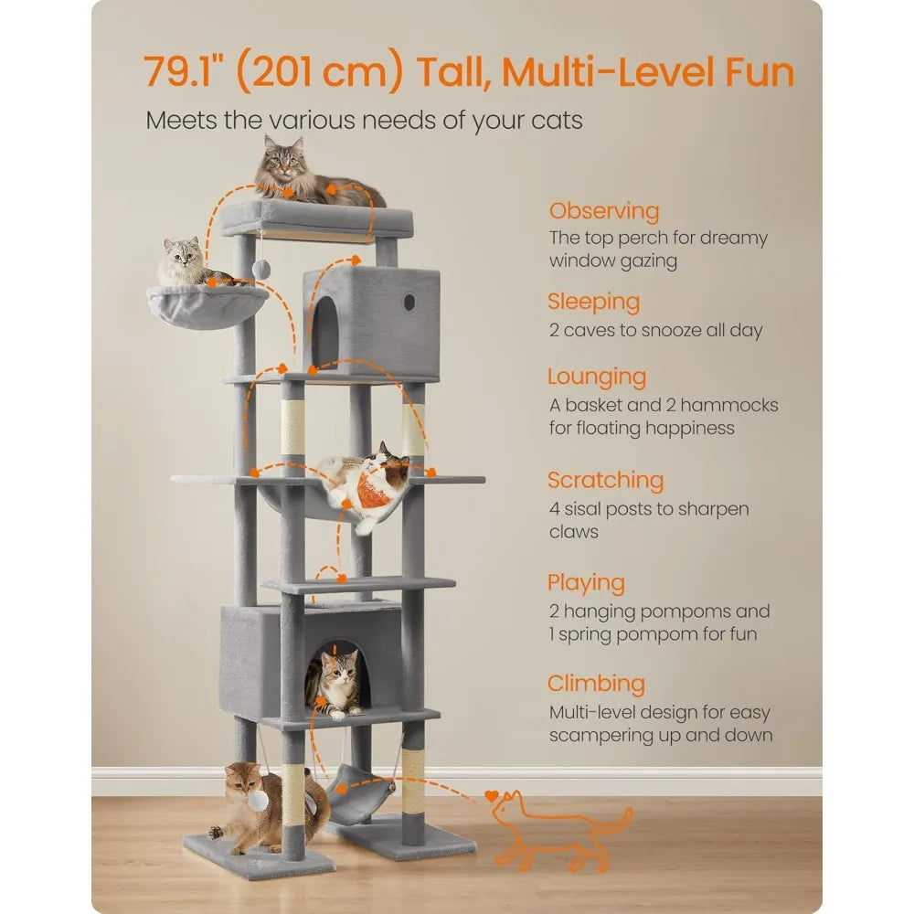 Cat Tree, 79.1 Inch Tall Cat Tower for Indoor Cats, Multi-Level Large Cat Condo with 4 Scratching Posts, 2 Hammocks