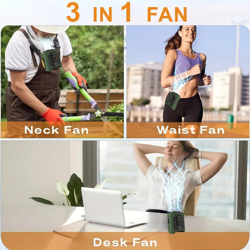 10000mahPortable Waist Fan Clips Waist Belt Personal Fan Battery Operated 5 Speeds Hands Free 40H Cooling Outdoor Camping Travel