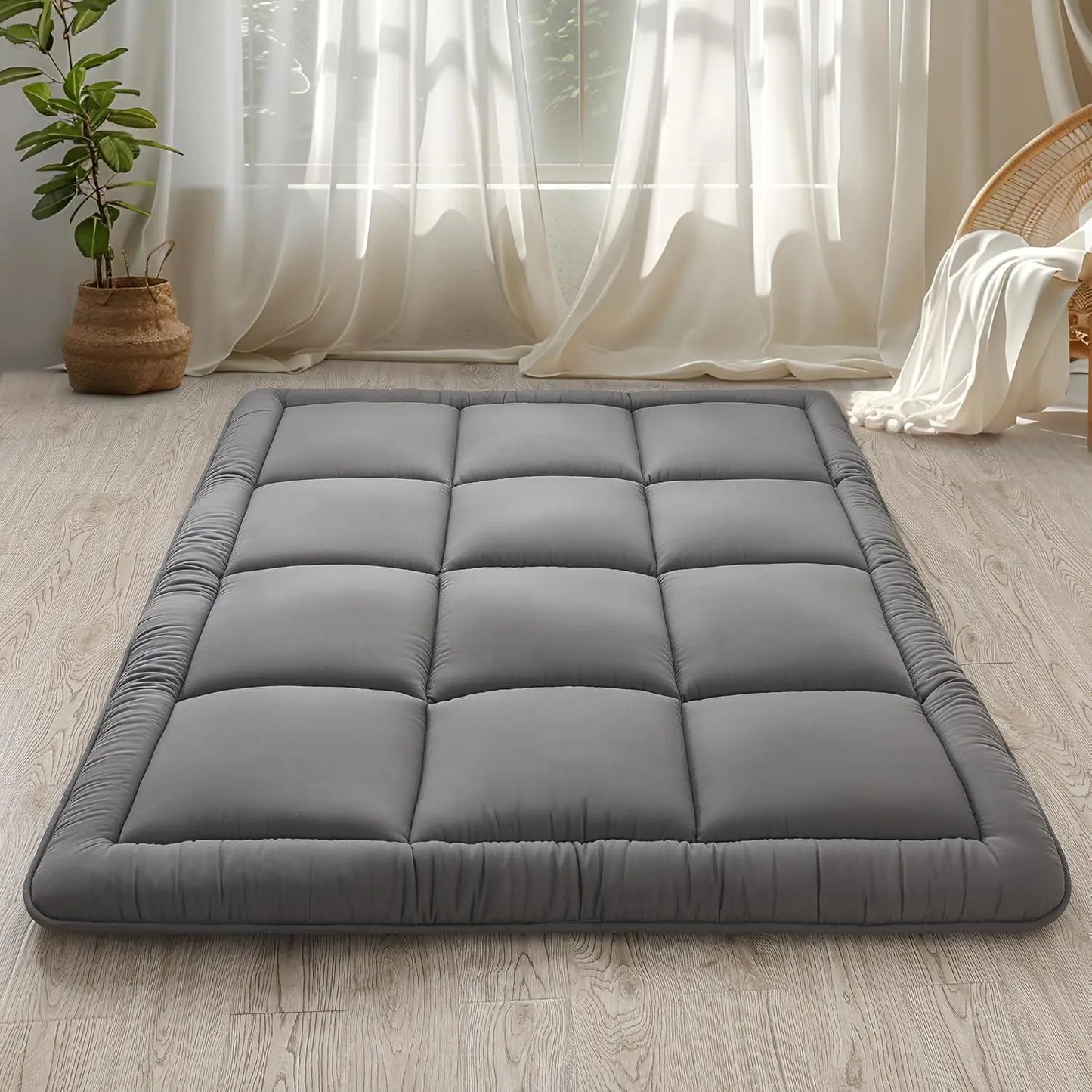 Japanese Floor Mattress Futon Mattress 3" Grey Tatami Mat Shredded Memory Foam Filled Sleeping Pad, Foldable & Portable