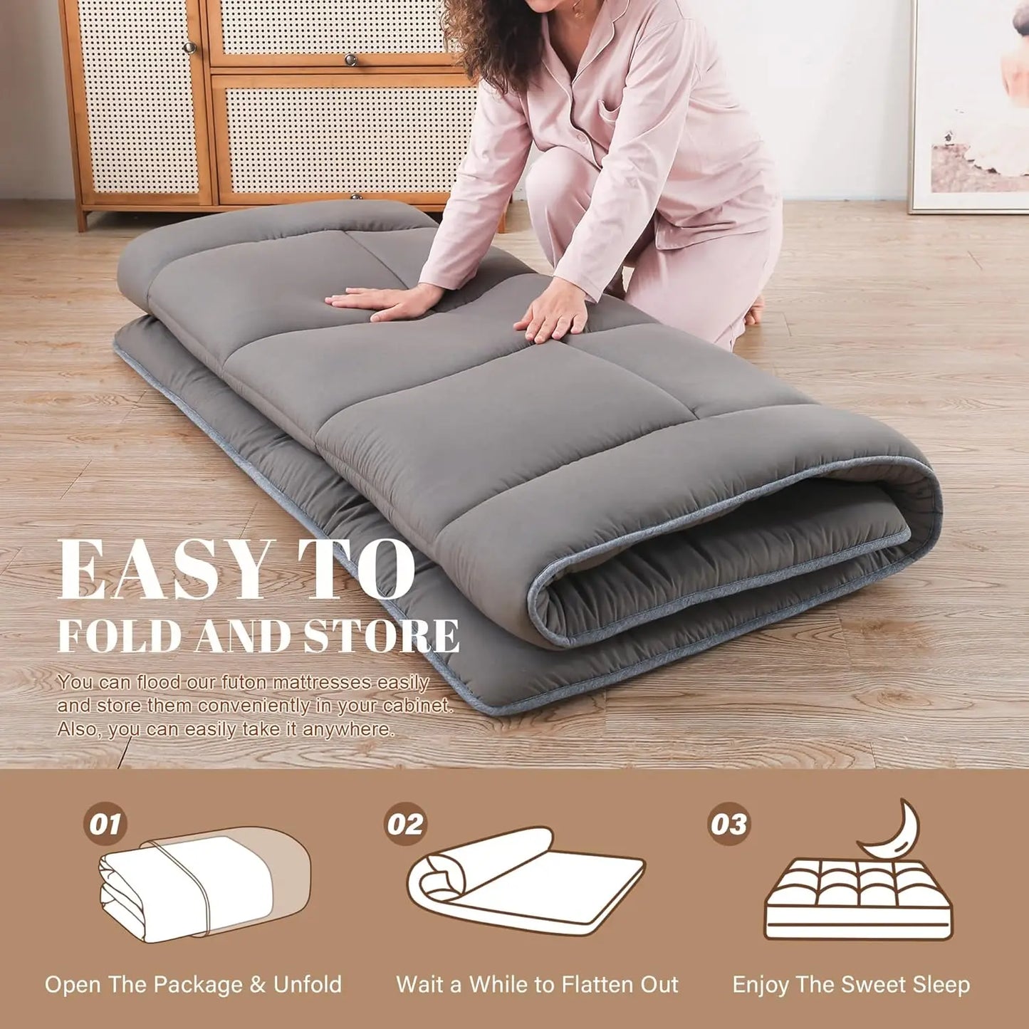Japanese Floor Mattress Futon Mattress 3" Grey Tatami Mat Shredded Memory Foam Filled Sleeping Pad, Foldable & Portable