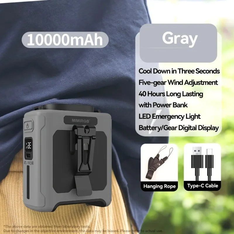 10000mahPortable Waist Fan Clips Waist Belt Personal Fan Battery Operated 5 Speeds Hands Free 40H Cooling Outdoor Camping Travel