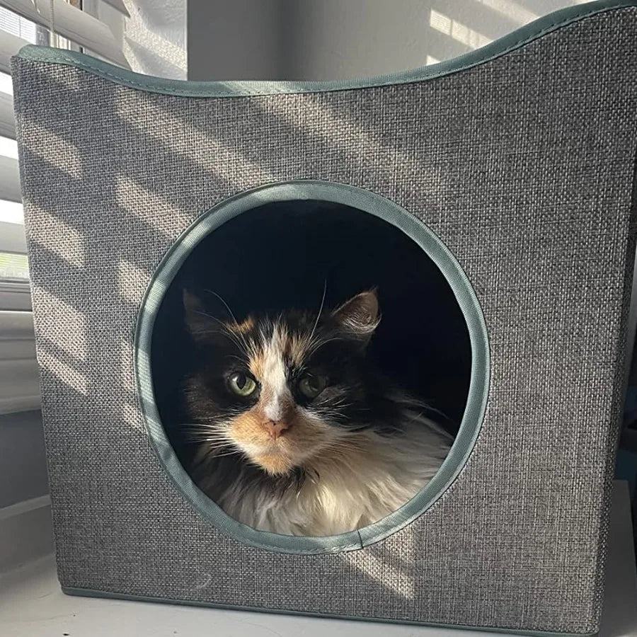 Cat Cube House Foldable Cat Condo with Reversible Cushion Scratch Pad for Small Cats Gray 13×13×15