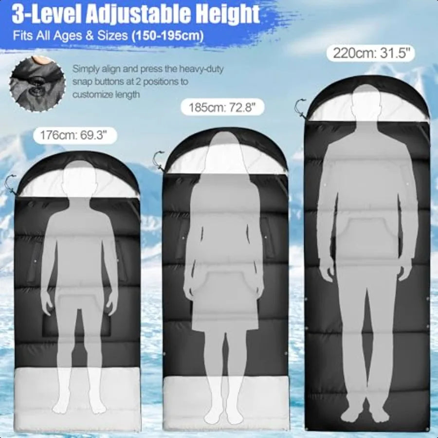 Adjustable Height Sleeping Bag for Adults Wearable 3Season Lightweight Waterproof with Arm Ports Windproof Hood Design for Camp