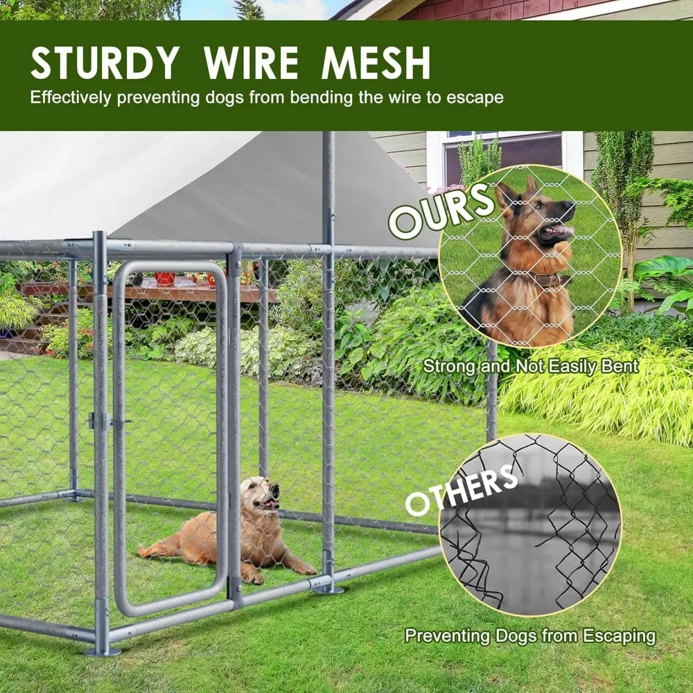 Outdoor Large Dog Kennel Enclosure with Roof - Heavy Duty Dog Kennel House Mesh Big Pet Cage Pen Playpen with Steel Galvanized