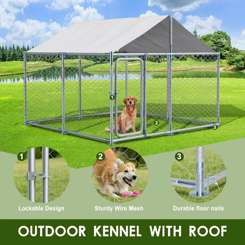 Outdoor Large Dog Kennel Enclosure with Roof - Heavy Duty Dog Kennel House Mesh Big Pet Cage Pen Playpen with Steel Galvanized