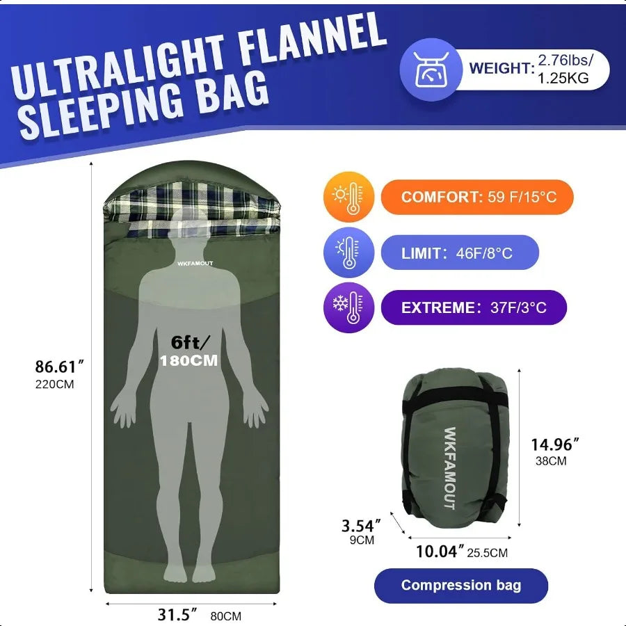 Backpacking Flannel Sleeping Bag Lightweight for Adults Hiking Ultralight Compact Sleeping Bag Portable Warm Weather Summer wit