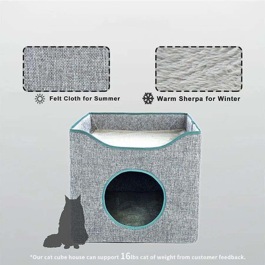 Cat Cube House Foldable Cat Condo with Reversible Cushion Scratch Pad for Small Cats Gray 13×13×15