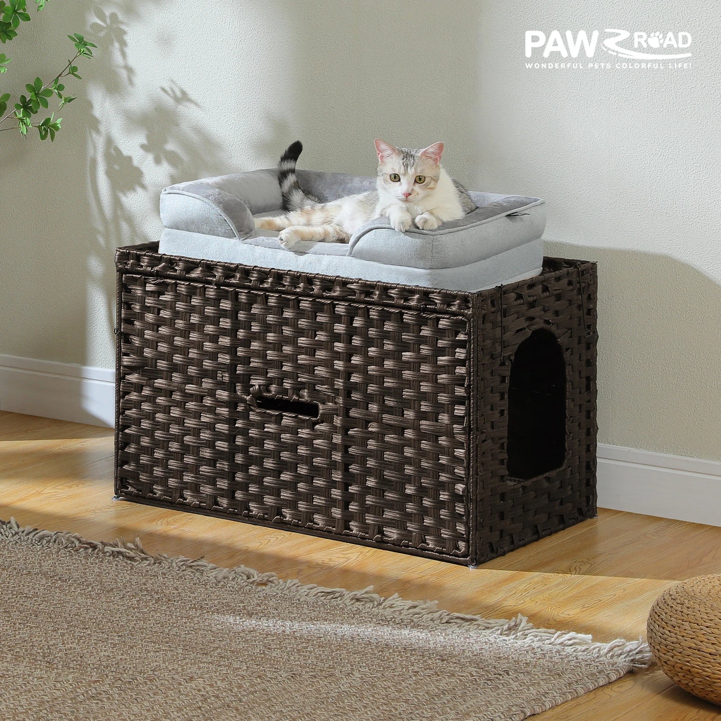 Rattan Cat Litter Box Enclosure for Living Room Handwoven Hidden Litter Box Furniture with Door Cat House Cabinet for Large Cats