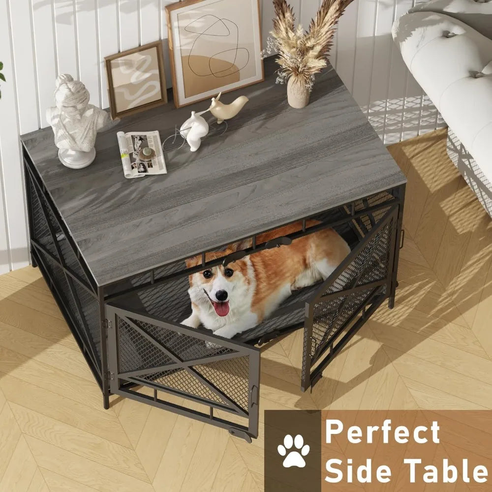 Dog Crate Furniture, Dog Kennel for Small Medium Large Breed, Heavy Duty 43" Large Corner Dog Crate, Indoor Pet Cage with Side D