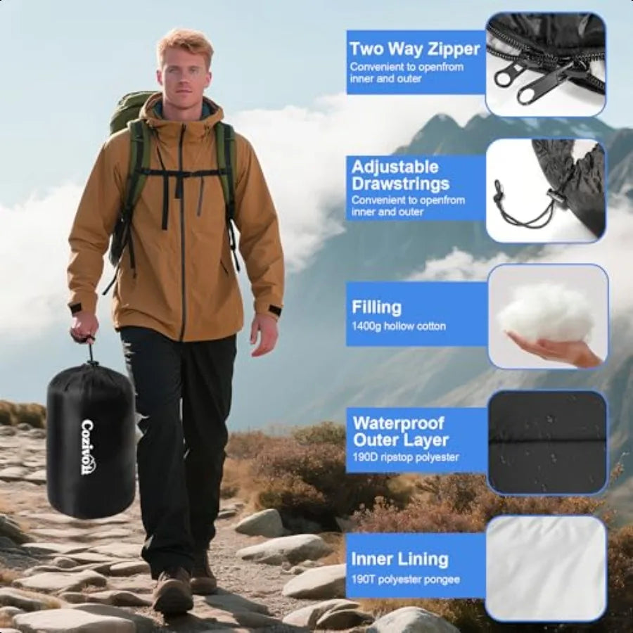 Adjustable Height Sleeping Bag for Adults Wearable 3Season Lightweight Waterproof with Arm Ports Windproof Hood Design for Camp
