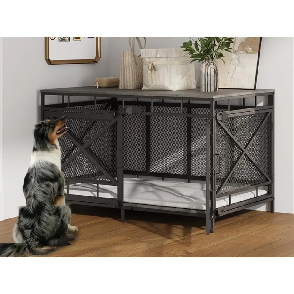 Dog Crate Furniture, Dog Kennel for Small Medium Large Breed, Heavy Duty 43" Large Corner Dog Crate, Indoor Pet Cage with Side D