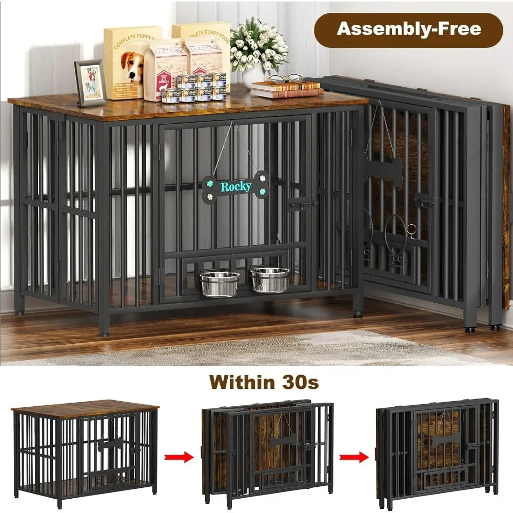 Foldable Dog Crate Furniture - No-Assembly Decorative Kennel for Large Dogs, Wooden Indoor Pet Cage