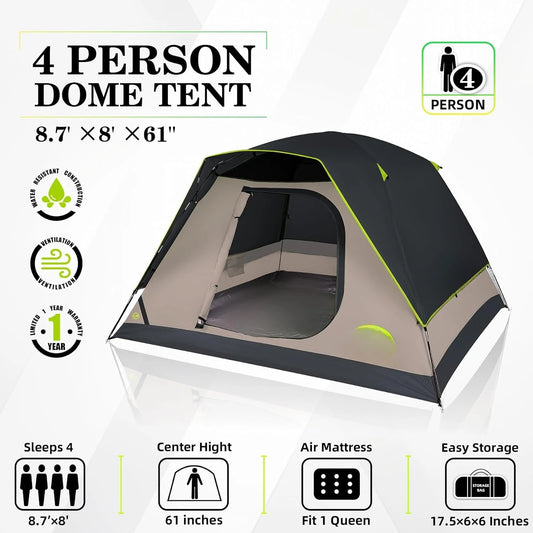 Camping Tent, 4 Person Dome Tents for Camping with Rainfly, Waterproof Clip Easy Setup Portable Family Tent with Mesh Windows