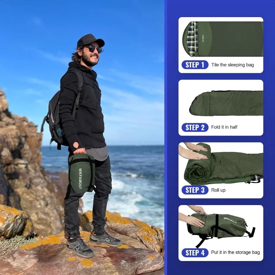 Backpacking Flannel Sleeping Bag Lightweight for Adults Hiking Ultralight Compact Sleeping Bag Portable Warm Weather Summer wit