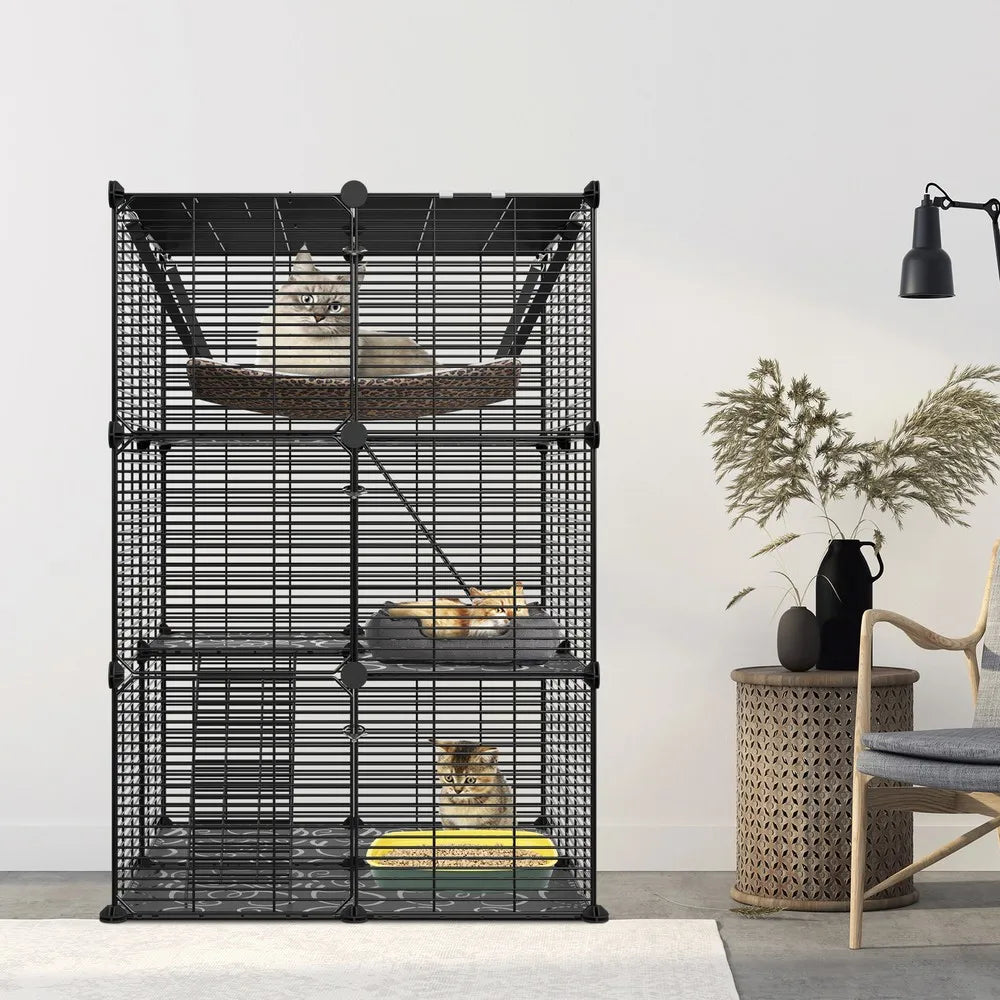3-Tiers Cat Cage Enclosure Metal Wire Cat Kennel Playpen w/ Hammock for 1-2 Cats