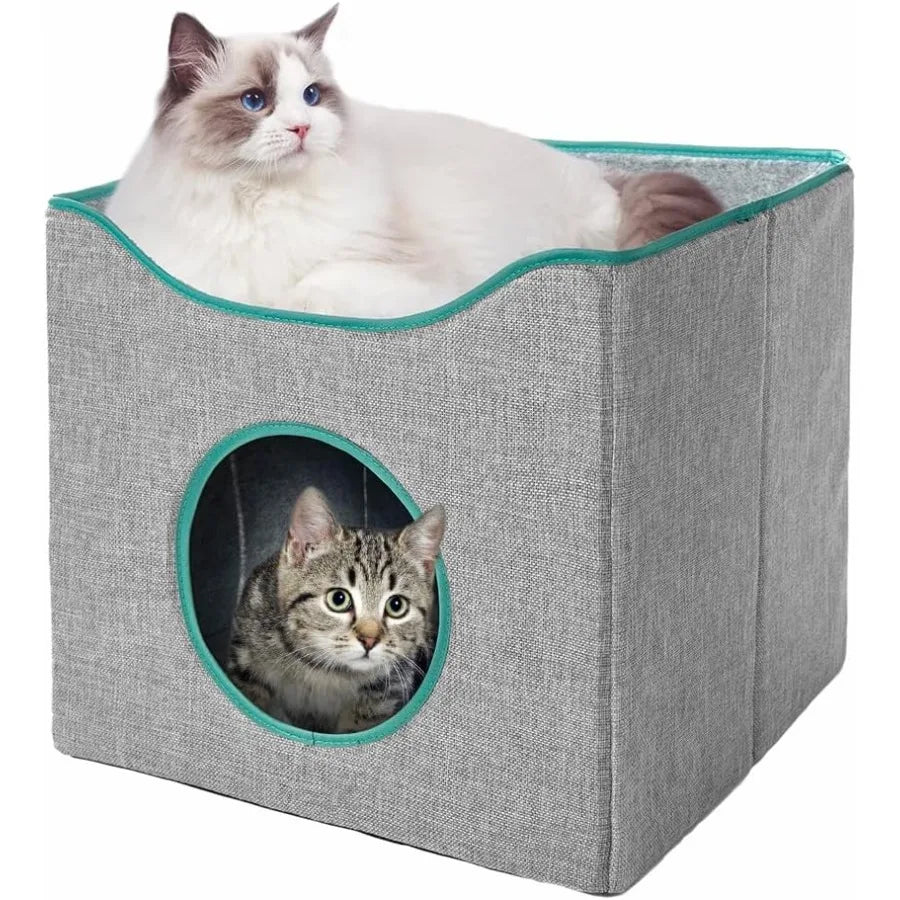 Cat Cube House Foldable Cat Condo with Reversible Cushion Scratch Pad for Small Cats Gray 13×13×15
