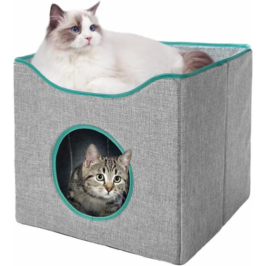 Cat Cube House Foldable Cat Condo with Reversible Cushion Scratch Pad for Small Cats Gray 13×13×15